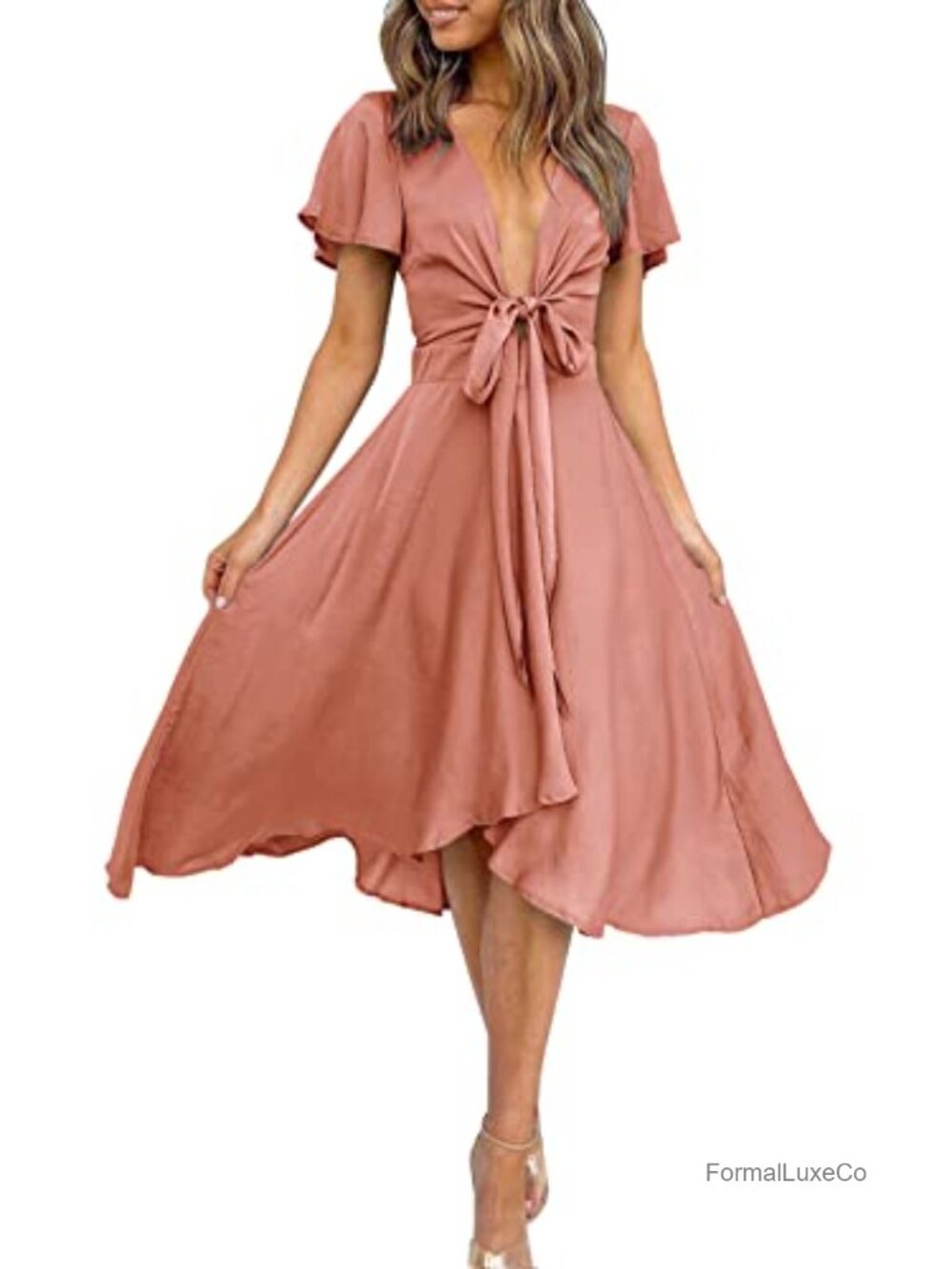 Satin V Neck Ruffle Short Sleeve Tie Front High Waist A-Line Midi Dress